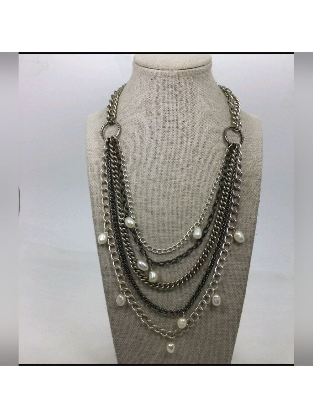 Stella & Dot Silvertone Pearl Accent Toggle Clasp Chain Necklace